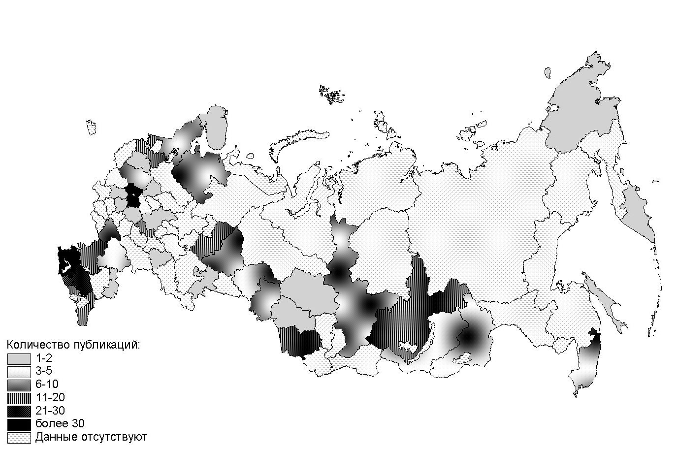 Рис. 13. Территориальное распределение публикаций по рекреационной географии и туризму за период 70 – 80 гг. XX в.